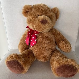 APPLAUSE Stuffed Teddy Bear with Red Bow with White Hearts